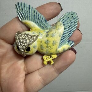 RARE Vintage CORO R Geissman Screech Owl Flying Brooch Pin Rhinestones Enamel